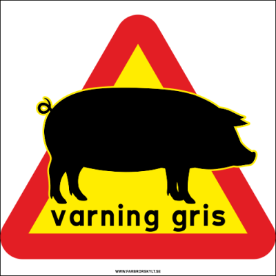 Varningsskylt med gris och varningsfärgerna gult och rött.