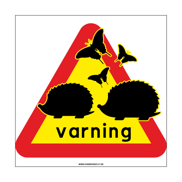 Varningsskylt för igelkottar där två igelkottar i svart passerar en varningstriangel.