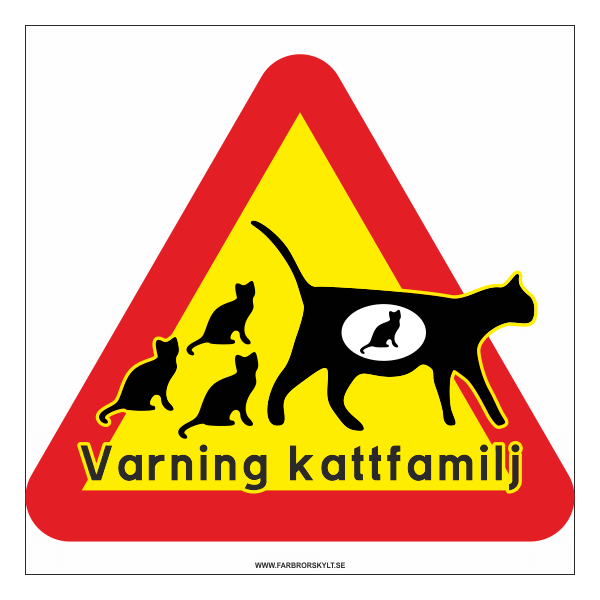 Plåtskylt "Varning Kattfamilj" från Farbror Skylt. Charmig skylt med siluetter av kattmamma och kattungar.