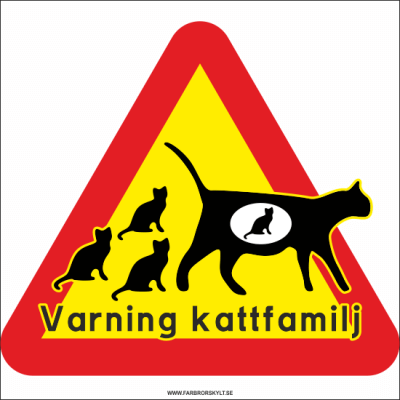 Plåtskylt "Varning Kattfamilj" från Farbror Skylt. Charmig skylt med siluetter av kattmamma och kattungar.