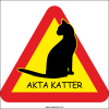 Skylt "Akta Katter" 2 visar en stilig och lite nonchalant katt i svart siluett. Från Farbror Skylt.